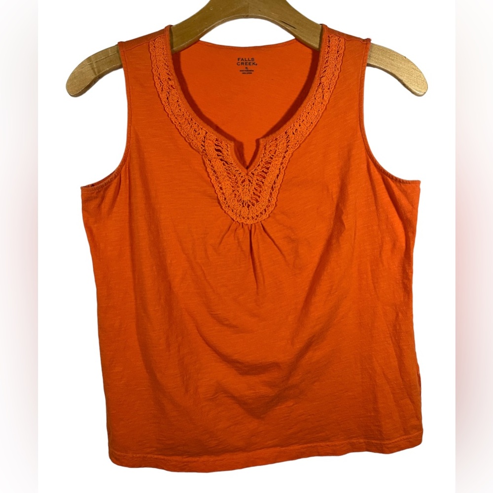Falls Creek Ladies' Notch Neck Orange Tank with Crochet Neckline
